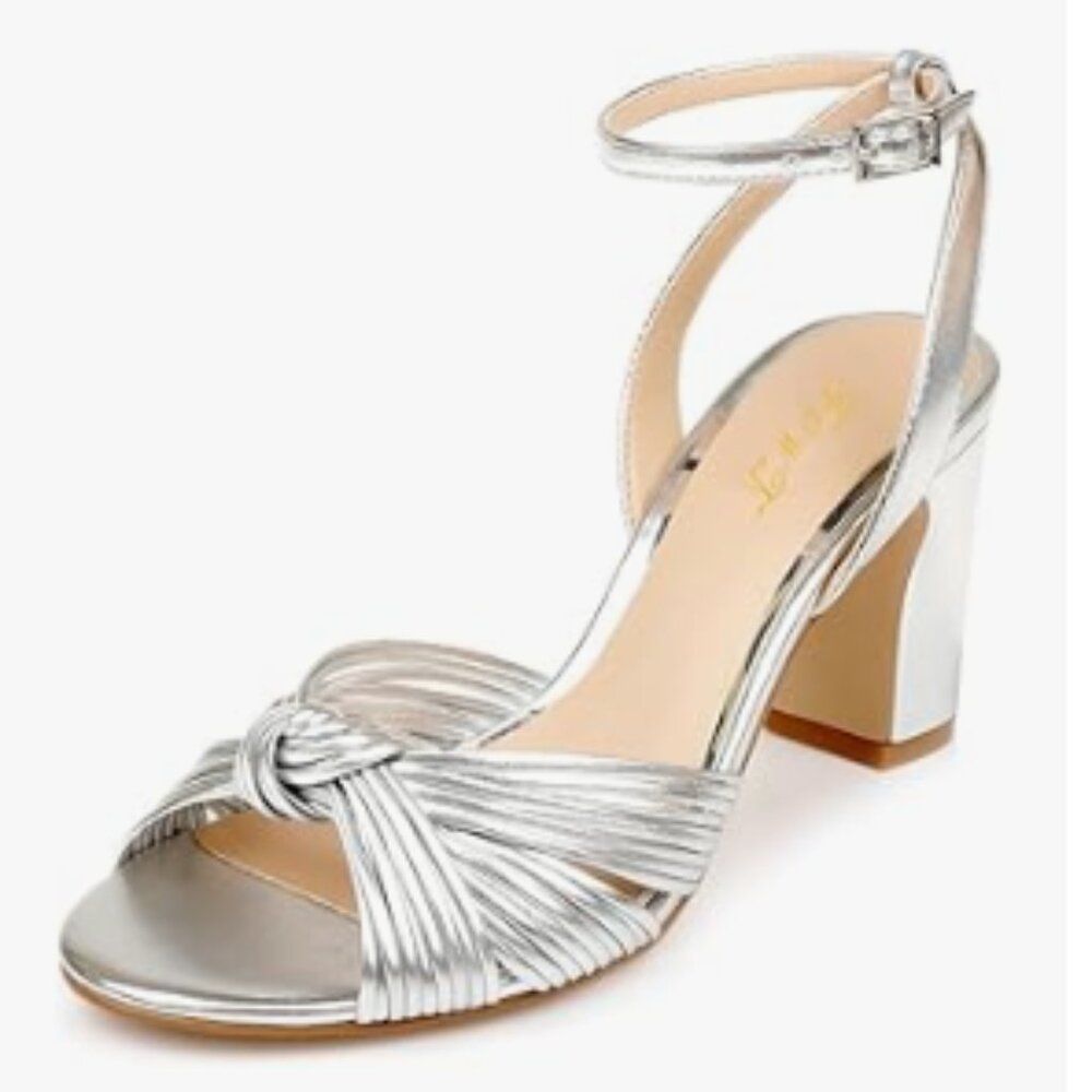 FOWT Silver Peep Toe Knot Sandals Ankle Strap Chunky High Heels Dance Shoes